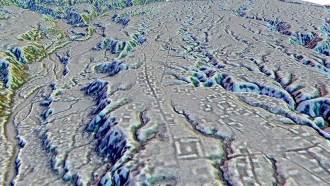 A laser scan of mountainous terrain in Ecuador shows square imprints of old structures and lines that were once streets