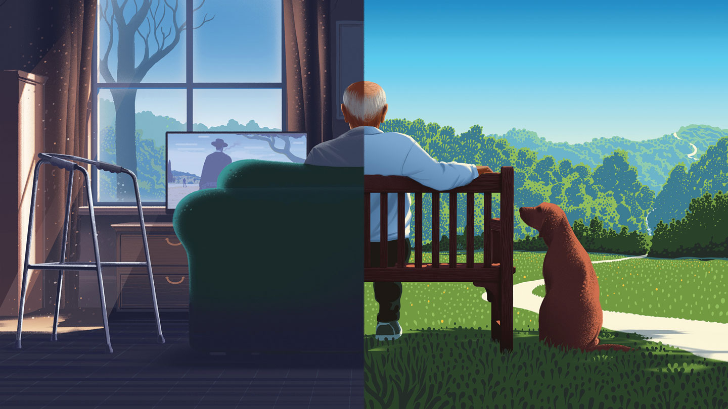 A man sitting in a scene divided in two in his living room with a walker in one half and with his dog outside in the other half.