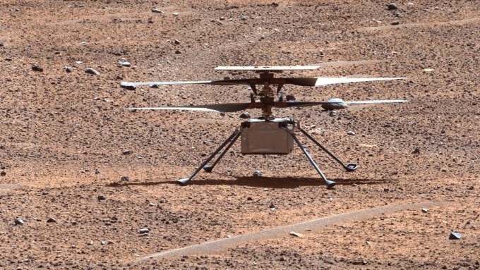 A image of the Ingenuity helicopter on the surface of Mars.