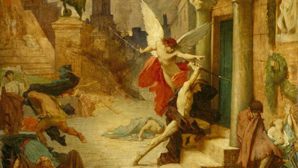 A painting titled “The Plague of Rome” depicts the angel of death directing fatalities during the Antonine Plague. The angel of death has white wings and red fabric floating around it and yields a sword in one hand. Humans suffer and decay in the alley where the painting takes place.
