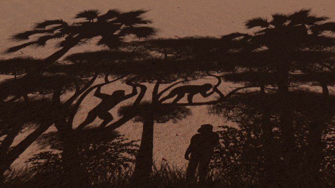 Illustration of Sahelanthropus tchadensis walking upright on the ground and climbing in trees