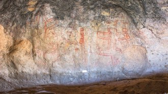 A cave wall in Patagonia is covered with pictures of several large figures and shapes made with some kind of red drawing material. Some art in this cave dates back to as early as 8,200 years ago.