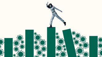 Illustration of a woman balancing on green columns that appear to be wobbling. Blown-up icons of coronavirus fill the spaces between the columns.
